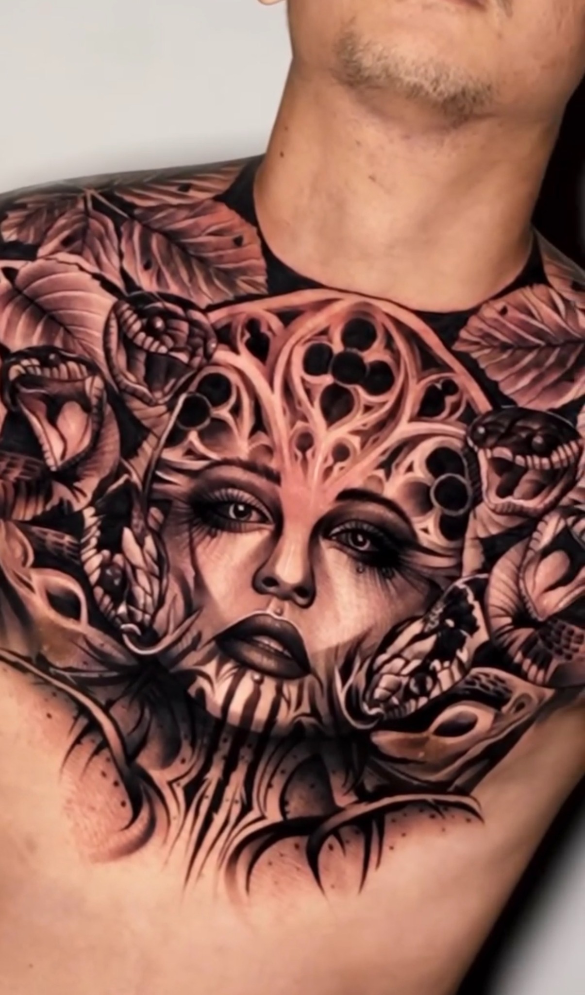 Black and grey chest portrait with gothic ornament